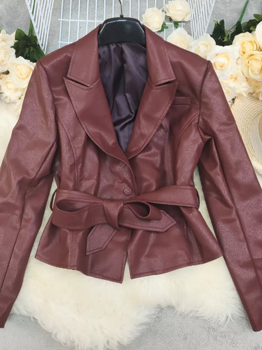 Belted Faux Leather Blazer