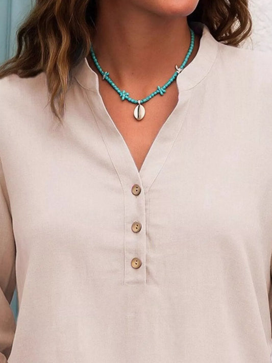 Full Size Button Detail Notched Long Sleeve Blouse Plus Size