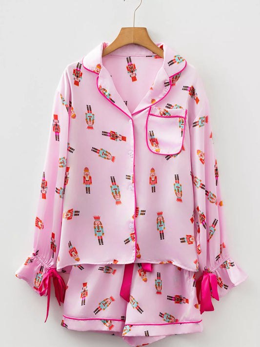 Nutcracker Print Contrast Trim Top and Shorts Pajama Set