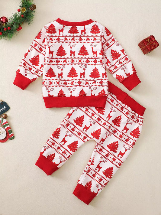 Children's Christmas Reindeer & Tree Print Top and Pants Set