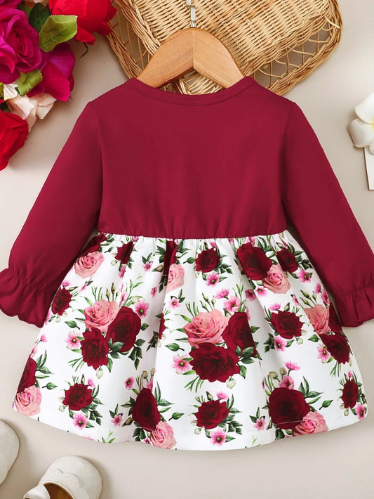 Frill Floral Round Neck Flounce Sleeve Dress