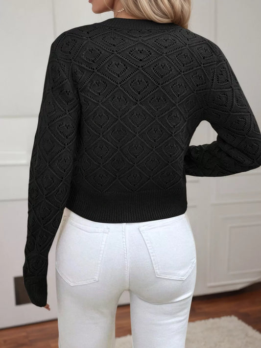 Openwork Button Up Long Sleeve Cardigan