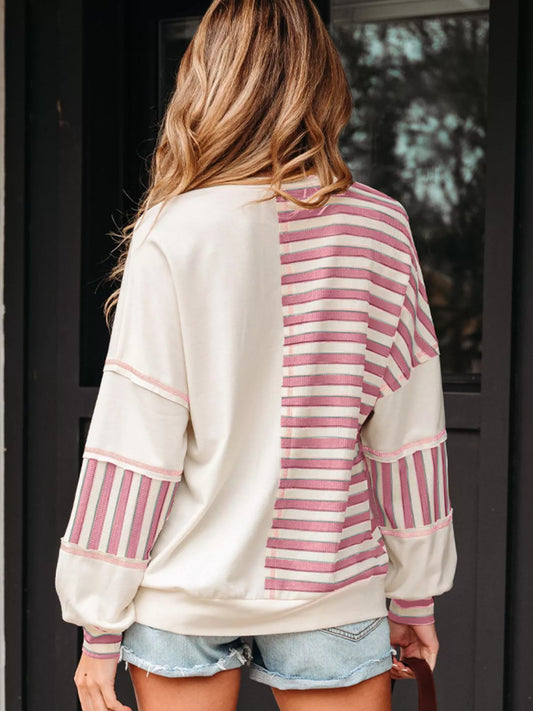 Stripe Stitched Detail Color Block Patchwork Oversized Top