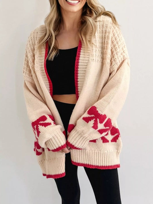 Bow Pattern Textured Open Front Baggy Cardigan