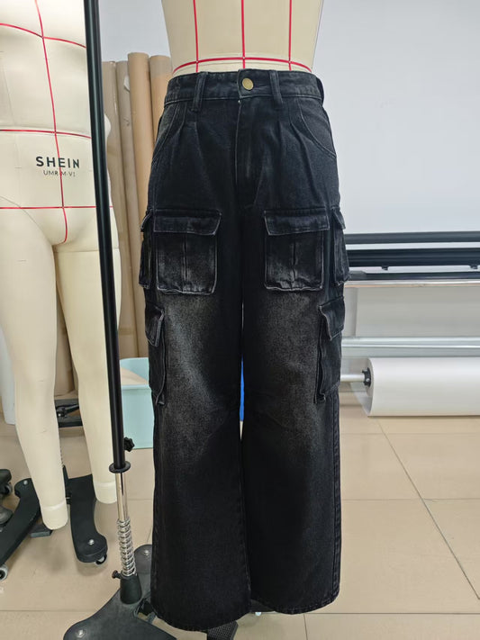 Retro Multi Pocket Jeans Loose Straight Casual Wide Leg Pants Washed Cargo Pants Black
