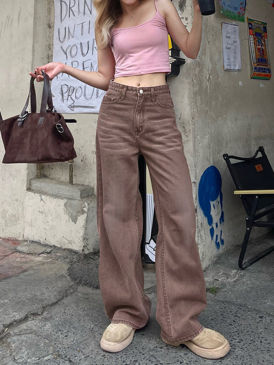 Non Elastic Wide Leg Three Dimensional Cat Beard Denim Candy Color Brown Colored Trousers Light Brown