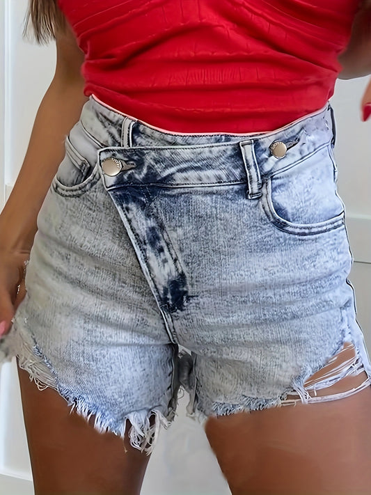 Ladies Asymmetric Hem Stretch Light Blue High Low Button Ripped Snowflake Denim Shorts Light Blue