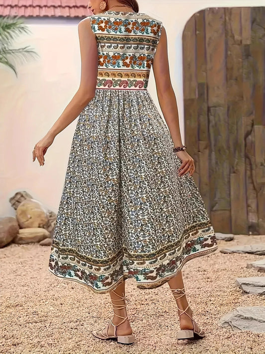 Plus Size Floral Print Sleeveless Midi Dress