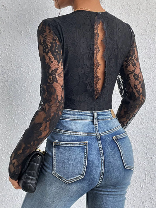 Lace V-Neck Long Sleeve Bodysuit