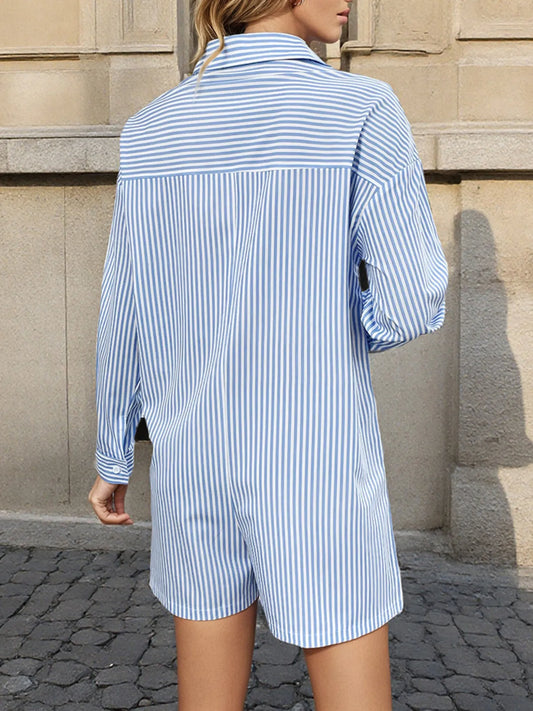 Striped Button Front Long Sleeve Romper