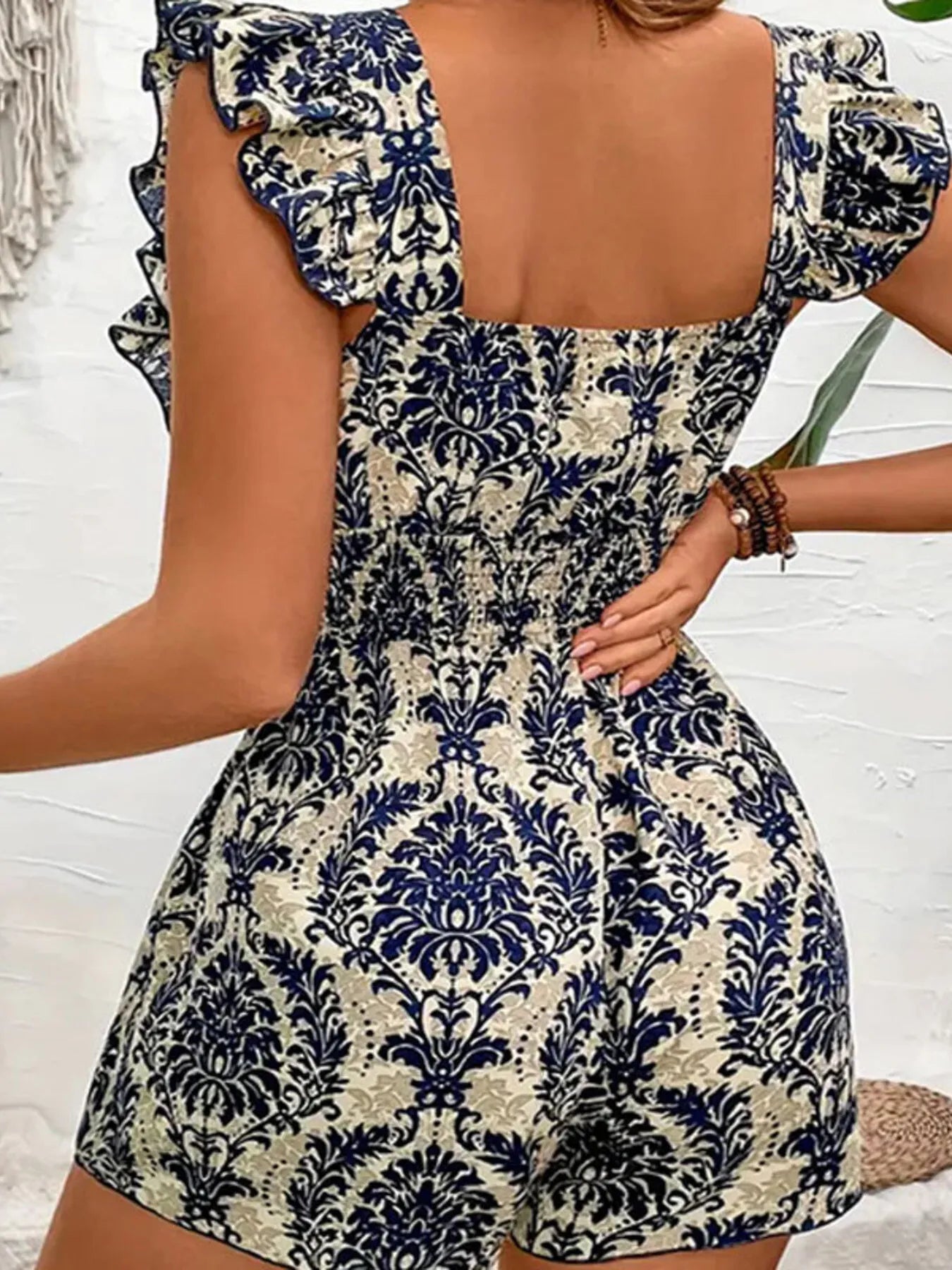 Ruffled Printed Square Neck Romper