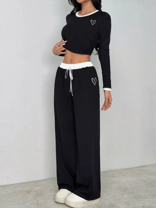 Contrast Trim Crop Top and Wide Leg Pants Set