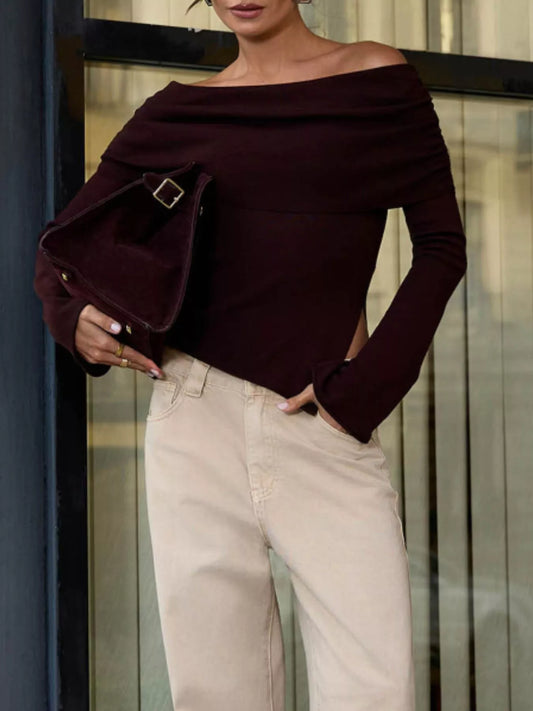 Asymmetrical Hem Off-Shoulder Long Sleeve Knit Top Burgundy