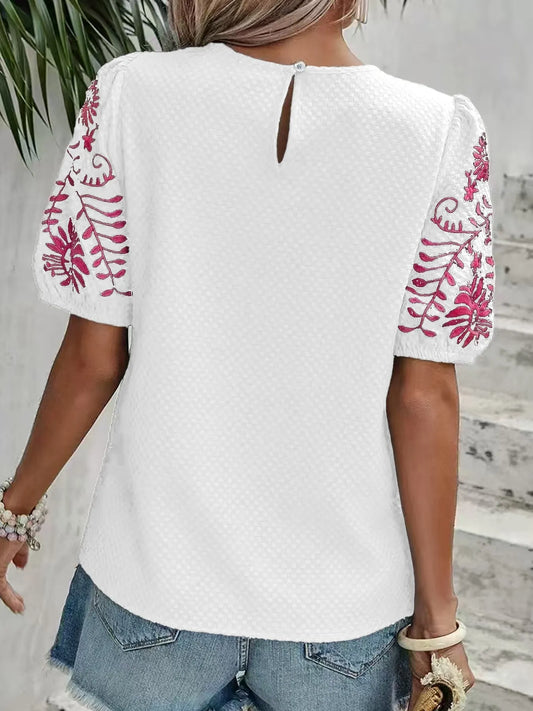 Embroidered Floral Sleeve Textured Blouse
