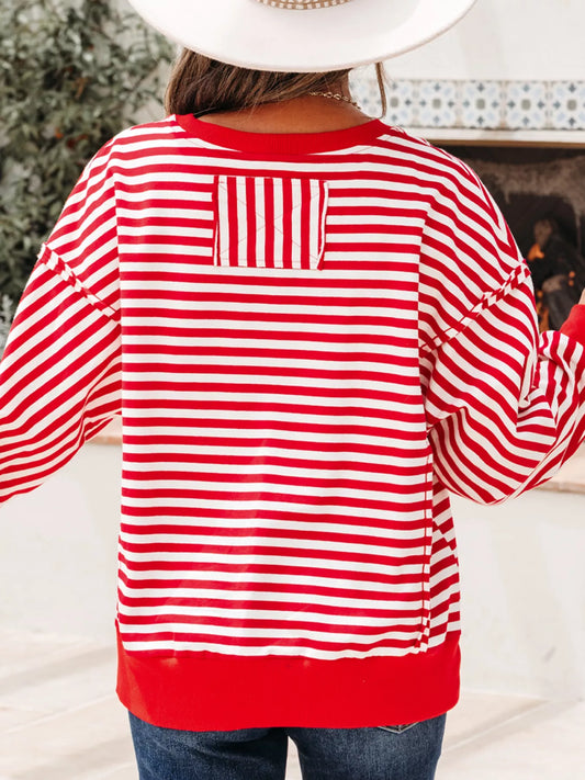 Stripe Holly Jolly Sequin Graphic Drop Shoulder Long Sleeve Top