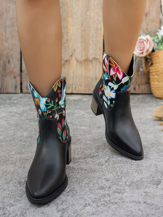 Floral Embroidered Western Ankle Boots