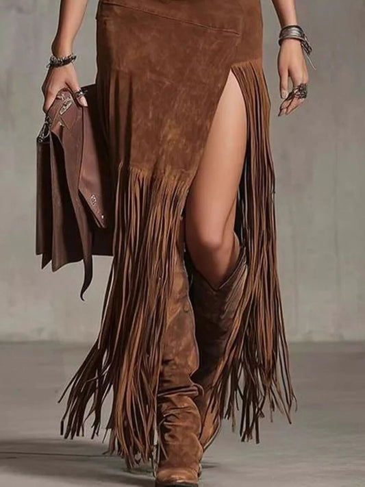 Denim Patchwork Fringe Maxi Skirt