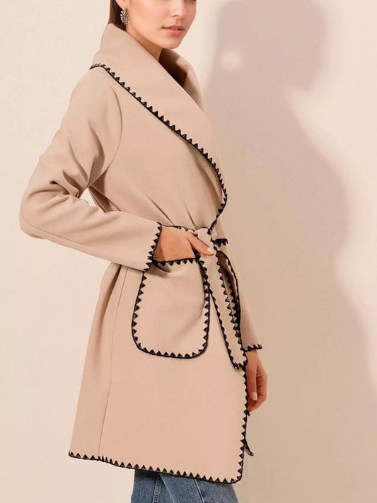 Contrast Trim Tie Waist Outerwear