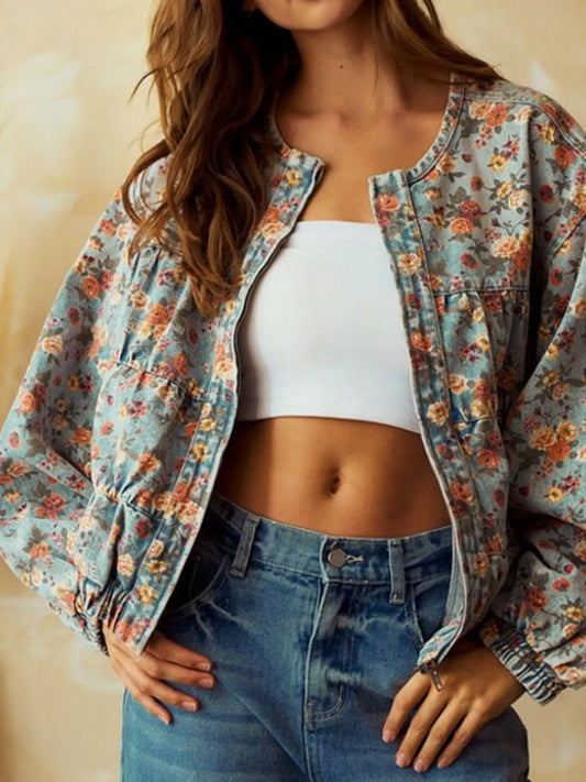Floral Print Zip Up Cropped Denim Jacket
