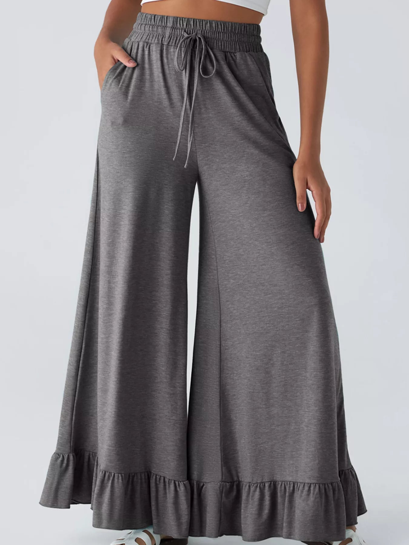Ruffled Wide Leg Pull On High Waist Pants with Pockets