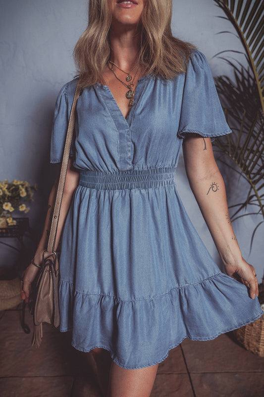 Ruffled Hem Smocked Flutter Sleeve Denim Mini Dress