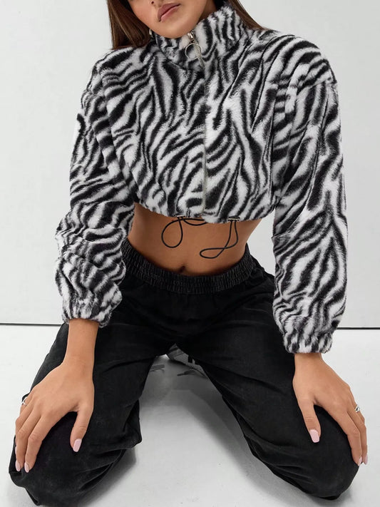 Zebra Print Plush Cropped Jacket