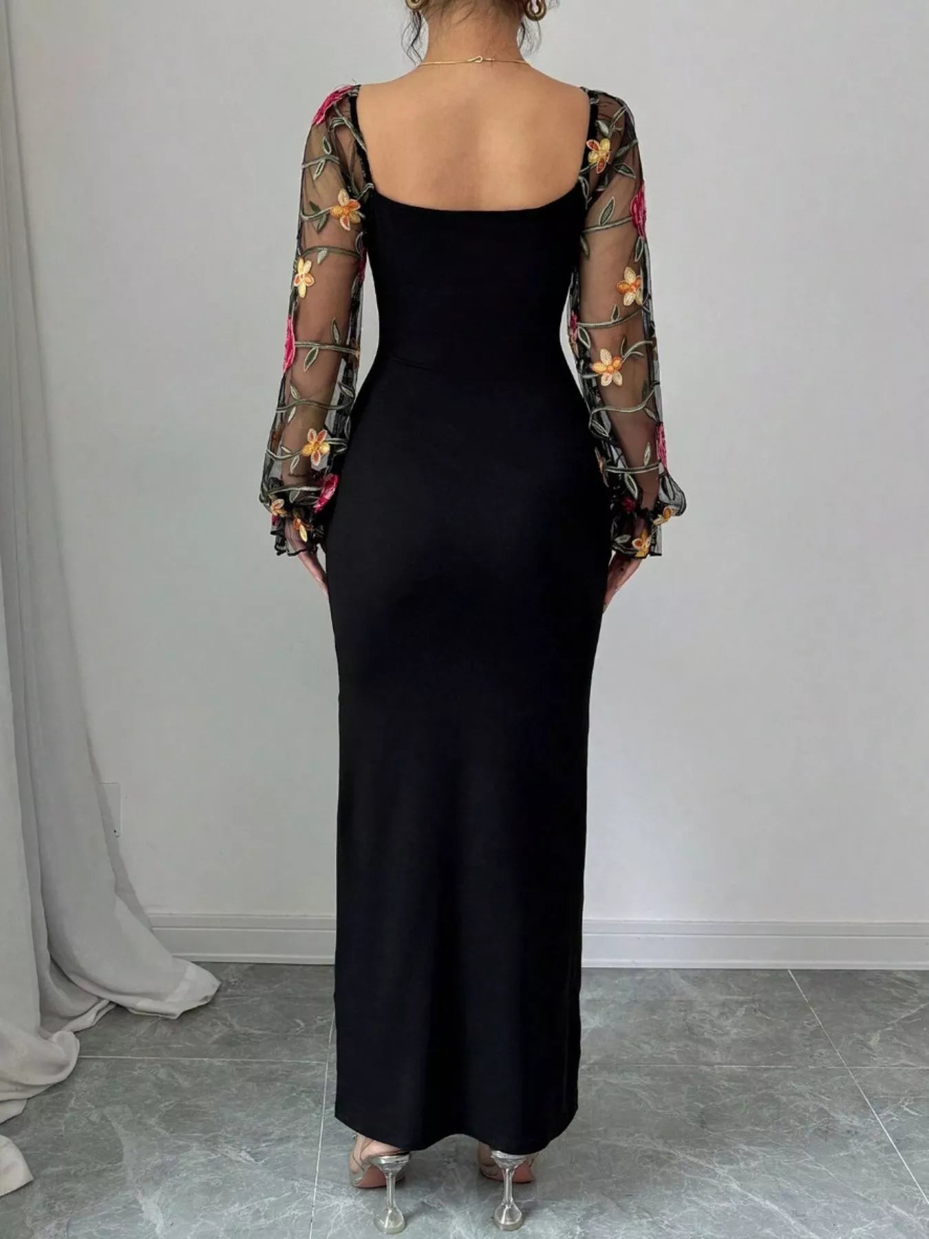 Sheer Floral Mesh Sleeves Bodycon Dress