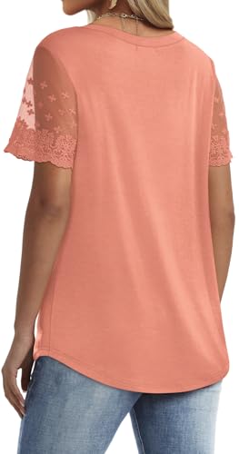 OFEEFAN Womens Spring Fashion 2025 T Shirt Dressy Casual Cute Top Basic Tee Shirts Cozy Coral L