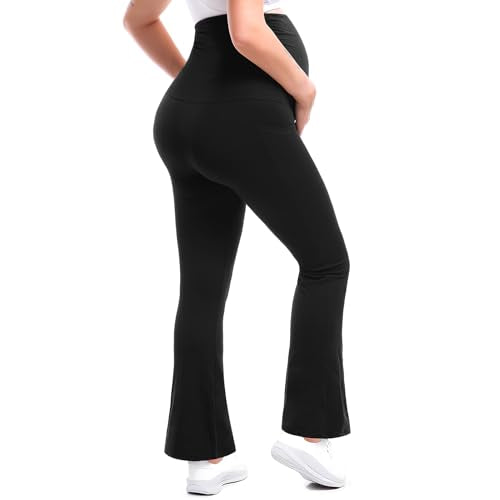 Leafigure Maternity Flare Leggings with Pockets Over The Belly Yoga Pants for Workout Soft Pregnancy Activewear Black XL