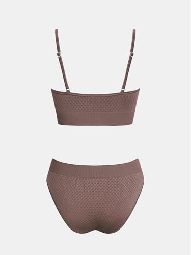 CUPSHE Women's Bikini Sets Two Piece Swimsuit Sporty Mid Rise Scoop Neck Adjustable Spaghetti Straps Textured Midkini, S Taupe Brown