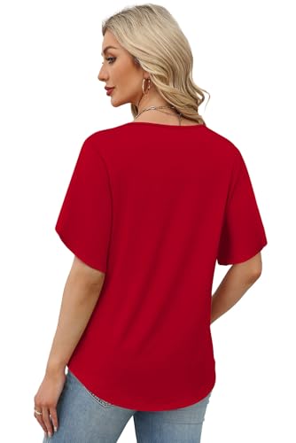 WIHOLL Womens Summer Tops 2026 Short Sleeve Shirts Loose Fit Blouses for Women Dressy Casual Fashion Clothes Date Outfits Beach Vacation Traval Outfits Red XL