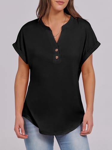 ANRABESS Womens Short Sleeve Henley Tops V Neck Dressy Casual Blouses Summer Trendy Tee Shirts 2026 Vacation Fashion Clothes Black XL