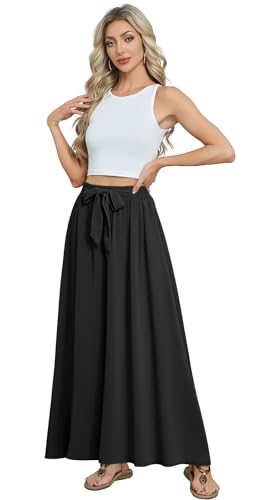 Askyes Womens Black Maxi Skirts Elastic High Waisted Tie Knot Casual Flowy Beach Boho Long Skirts with Pockets,L