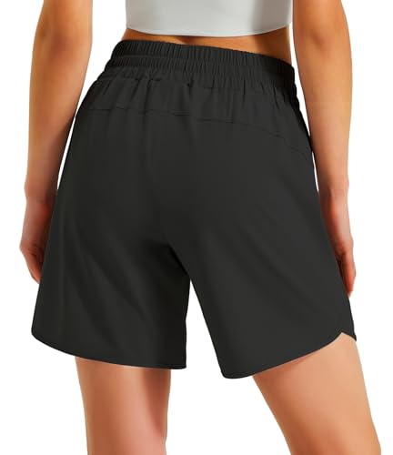 Ksmien Women's 5"/ 7" Athletic Running Shorts Quick Dry Lightweight Workout Gym Shorts with Zipper Pockets UPF 50+ Black