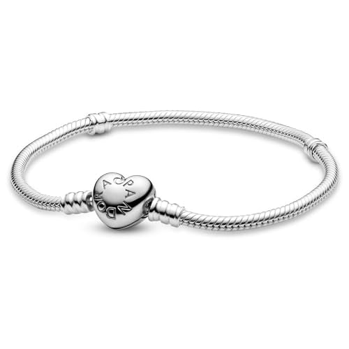 PANDORA Heart Clasp Snake Chain Bracelet - Heart Clasp - Romantic Jewelry for Her with Gift Box - Compatible Moments Charms - Sterling Silver - 7.5"