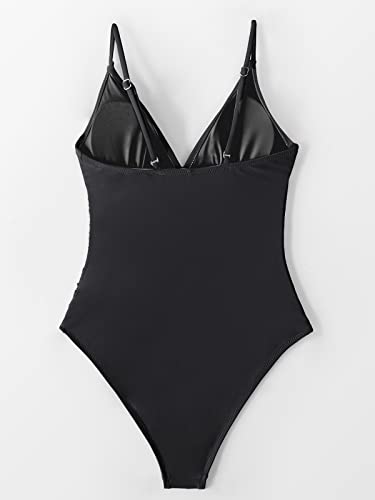 CUPSHE Womens Swimwear One Piece Swimsuit Tummy Control V Neck Bathing Suits Medium Black