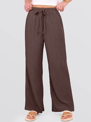 ANRABESS Women's Wide Leg Beach Pants Elastic Waist Lightweight Casual Flowy Palazzo Lounge Trousers with Pockets Brown Large