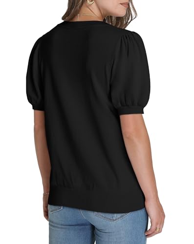 Womens Summer Tops Puff Short Sleeve T Shirts 2026 Soft Spring Cute Tops Dressy Casual Trendy Work Teachers Blouses Cruise Vacation Outfits Business Casual Tops for Women Clothing Black Sweaters L