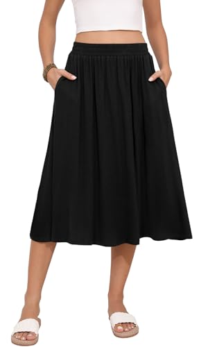 MLXSJ Women's Midi Skirt Summer Flowy Elastic High Waisted Casual Pleated Skirts with Pockets (Black, XL)