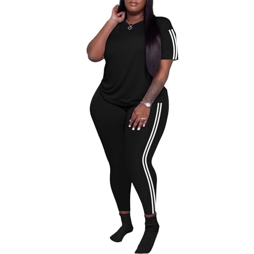 PINSV Women's Plus Size 2 Piece Outfits Tracksuits Short Sleeve Top Pants Sets Sweatsuits Black Stripe 3XL