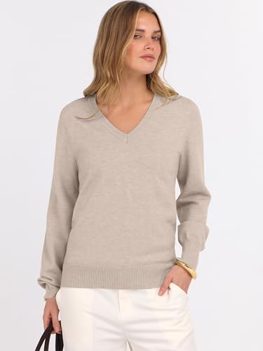 ANRABESS Womens Long Sleeve V Neck Sweaters 2025 Fall Casual Classic Soft Loose Fit Basic Pullover Jumper Top Almond Medium