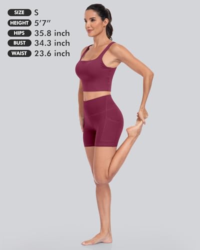 CHRLEISURE 6 Packs Womens Biker Shorts with Pocket, 5 Inch High Waisted Tummy Control Spandex Yoga Workout Shorts (BlackGreyNavyWineJGreenBrown-L)