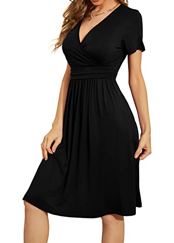 WEACZZY Summer Dress for Women Casual Short Sleeve Black Dresses Wrap V-Neck Party Dress with Pockets,Black,XL