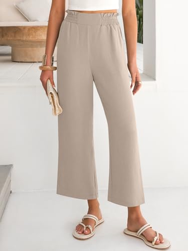 ANRABESS Womens Wide Leg Palazzo Pants Summer Beach High Waisted Cropped Flowy Pants 2026 Dressy Casual Trousers with Pockets Parchment Medium