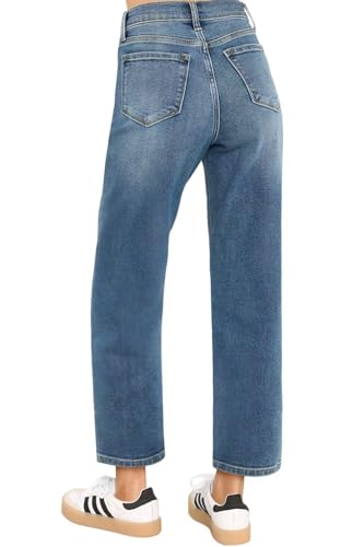 KDF Cropped Straight Leg Jeans for Women - High Waisted Jeans for Women 7/8 Length Medium Blue Jeans Denim Pants Size 8