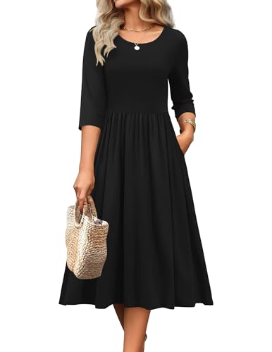 Zeago Black Casual Dress for Women Solid Half Sleeve Swing Party Dress Aline Loose Tshrit Midi Sundress with Pockets Vocation Beach Clothes,L