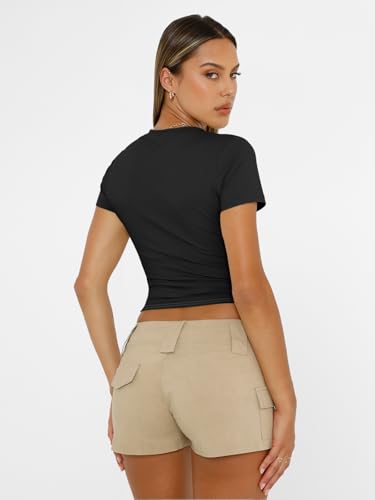 Trendy Queen Womens Short Sleeve T Shirts - Buttery Soft Summer Crop Tops Slim Fit Y2k Basic Tees for Workout Black M