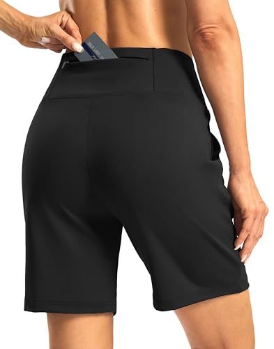 G Gradual Women's Athletic Shorts with Zipper Pocket 7" High Waisted Stretchy Bermuda Shorts for Women Workout Running Casual(Black,L)