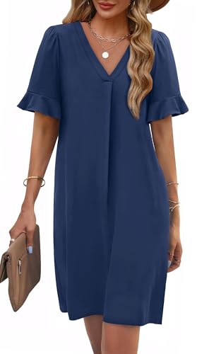 OFEEFAN Navy Blue Dresses for Women Summer V Neck Business Dresses for Women Ruffle Shift Dress with Pockets L