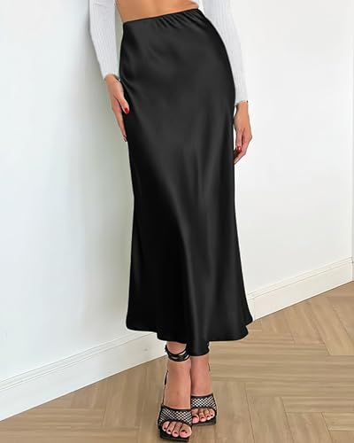 BTFBM 2026 Summer Womens Skirts Silk Elegant High Waist Flowy Long Satin A-Line Midi Skirt Cocktail Wedding Party(Black, Small)